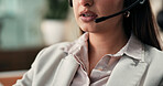 Headset, contact us and mouth of businesswoman in office for secretary, crm or communication. Mic, technology and female corporate receptionist with consultation with client for appointment booking.