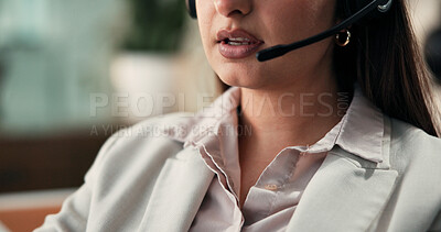 Buy stock photo Headset, contact us and mouth of businesswoman in office for secretary, crm or communication. Mic, technology and female corporate receptionist with consultation with client for appointment booking.