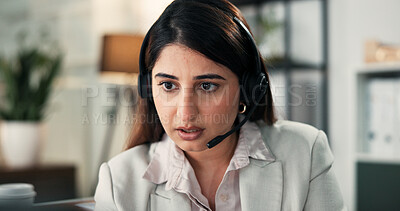 Buy stock photo Woman, headset and talk with consultation at office, problem solving or contact at financial company. Person, advisor or broker with voip microphone, solution and review at asset management agency