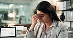 Headache, tired and business woman in office for account mistake, overworked and brain fog at night. Bokeh, frustrated and broker deadline with person in finance agency for burnout and stress