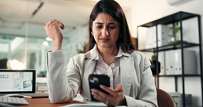 Buy stock photo Woman, confused and employee with smartphone, texting or communication for wealth management and app. Unhappy, financial analyst and person with mobile for chat, online and bad news on social media