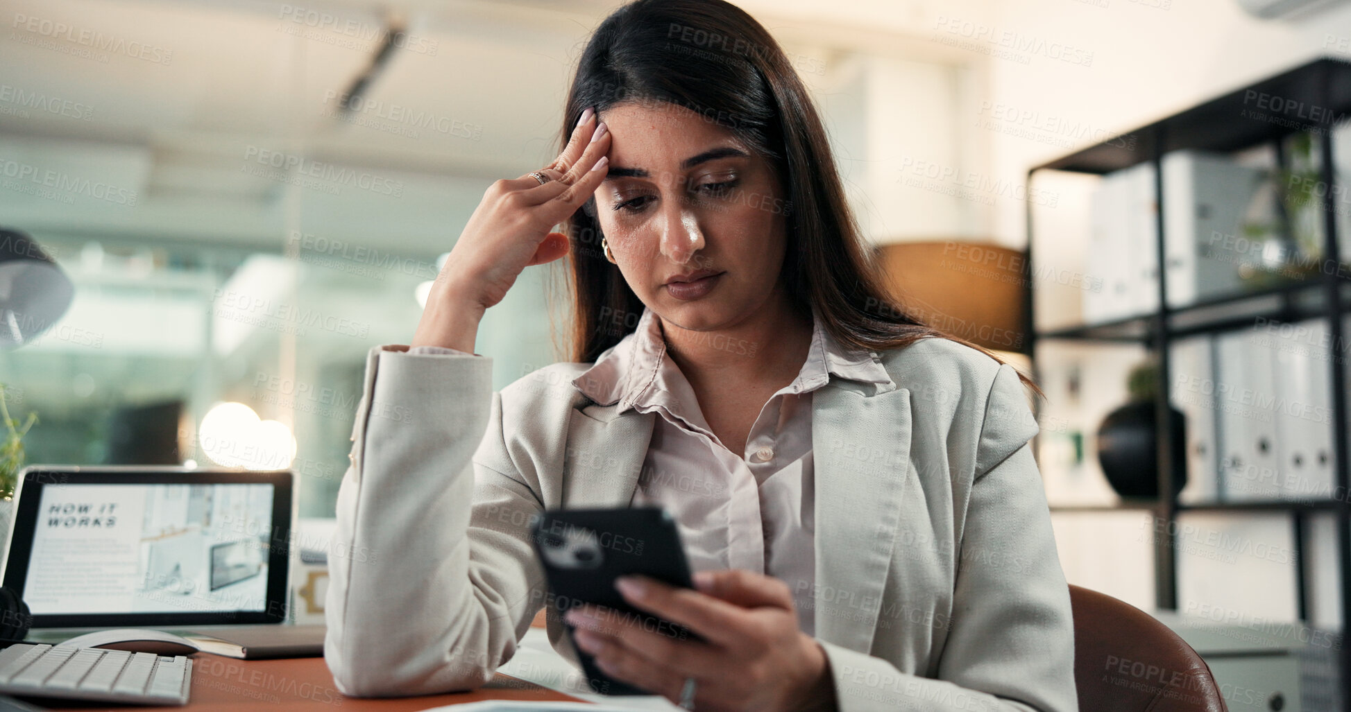 Buy stock photo Business, woman or stress with phone notification for financial loss, trading mistake or debt at night. Trader, smartphone and headache in office for stock market crash, investment fail and pressure