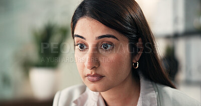 Buy stock photo Reading, surprise and business woman in office with mistake, failure and error on finance report. Professional, corporate and person with shock for risk management, financial review and bad news