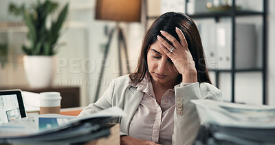 Buy stock photo Headache, workload and business woman in office for account mistake, overworked and brain fog at night. Tired, frustrated and broker deadline with person in finance agency for burnout and stress