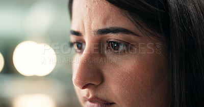 Buy stock photo Reading, think and eyes of business woman with error, fraud risk or confused with face closeup. Vision, person and serious worker in office for problem solving, doubt or financial mistake with bokeh