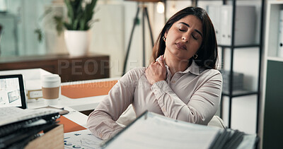 Buy stock photo Neck pain, stress and business woman in office for account mistake, overworked and sprain at night. Tired, frustrated and broker deadline with person in finance agency for burnout and muscle ache