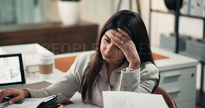 Buy stock photo Tired, stress and business woman in office for account mistake, overworked and brain fog at night. Fatigue, frustrated and broker deadline with person in finance agency for burnout and mental health