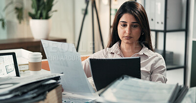 Buy stock photo Documents, reading and research with business woman for account application, planning and revenue report. Portfolio paperwork, audit information and risk management with person in agency for review