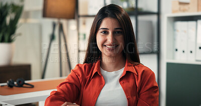 Buy stock photo Portrait, business woman and happy in office for journalism career, news reporting and about us pride. Publishing agency, journalist or smile for creative opportunity, professional growth or ambition
