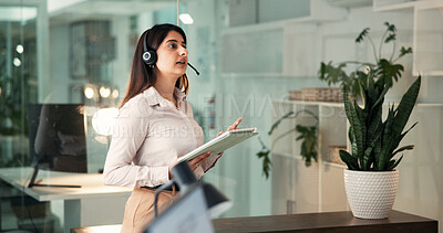 Buy stock photo Headset, talking and business woman on tablet for financial advice, planning and insurance deal at night. Late, corporate and person on digital tech for negotiation, networking and finance consulting