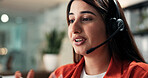 Mic, communication and businesswoman in office for secretary, crm or contact us online. Headset, technology and female corporate receptionist with consultation with client for appointment booking.