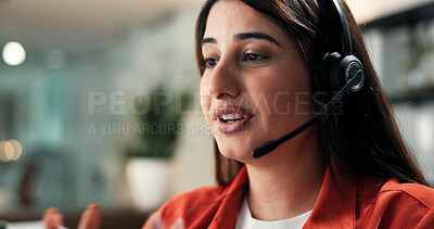 Buy stock photo Mic, communication and businesswoman in office for secretary, crm or contact us online. Headset, technology and female corporate receptionist with consultation with client for appointment booking.
