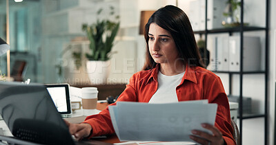 Buy stock photo Documents, laptop and research with business woman in office for campaign project, planning and update. Branding report, online feedback and email marketing with person in agency for proposal review