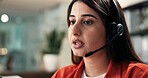 Headset, communication and businesswoman in office for receptionist, crm or contact us online. Mic, technology and female corporate secretary with consultation with client for appointment booking.