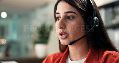 Buy stock photo Headset, talking and businesswoman in office for secretary, communication or contact us online. Mic, technology and female corporate receptionist with consultation with client for appointment booking