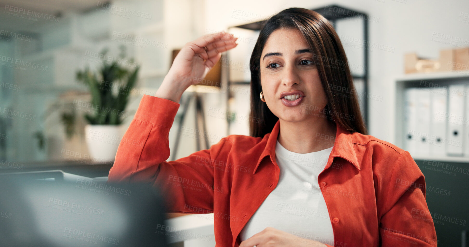 Buy stock photo Video call, discussion and businesswoman in office with communication, contact or networking. Conversation, talking and female creative editor with article project for publishing in workplace.