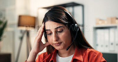 Buy stock photo Tired, woman or burnout in office with customer service stress, human resources issue or contemplating. Thinking, consultant and overworked person in workplace with fatigue, telecom fail and problem.