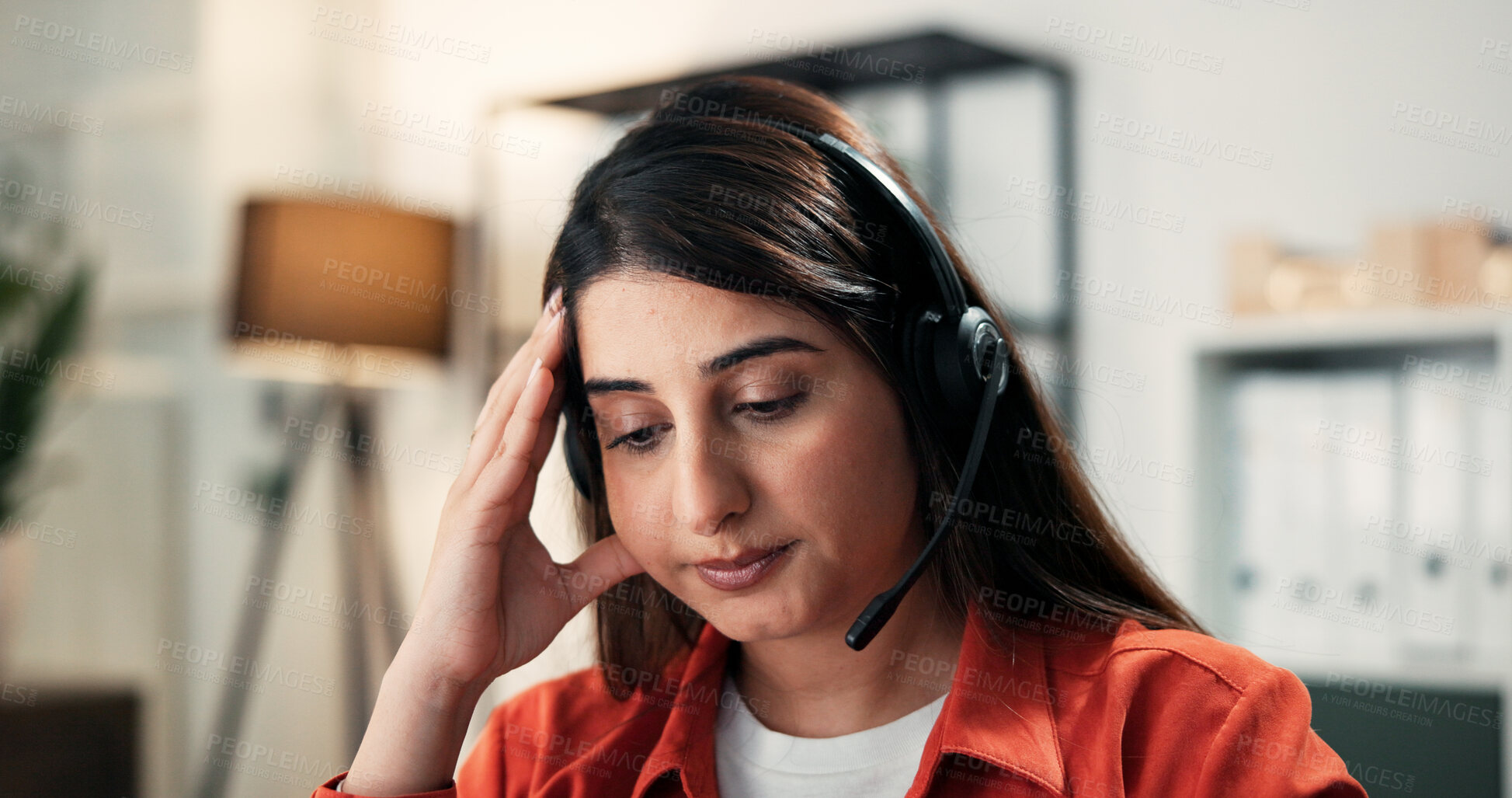 Buy stock photo Tired, woman or burnout in office with customer service stress, human resources issue or contemplating. Thinking, consultant and overworked person in workplace with fatigue, telecom fail and problem.