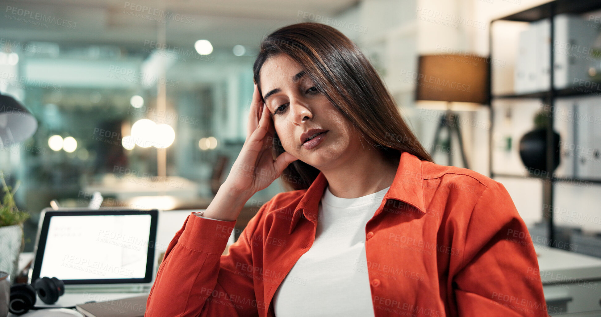 Buy stock photo Night, businesswoman or tired in office with burnout from workload, pressure and contemplating. Thinking, exhausted female person and overtime in workplace with tablet screen, mockup space and bokeh.