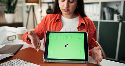 Buy stock photo Video call, green screen and tablet with woman in office for presentation, webinar or discussion. Project update, speaker or online meeting with person in agency for proposal pov, planning and mockup