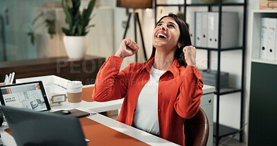 Buy stock photo Woman, celebration and fist pump at startup, night and smile with goals, success and deal at office. Person, excited and happy with achievement, laptop or funding for project at creative agency