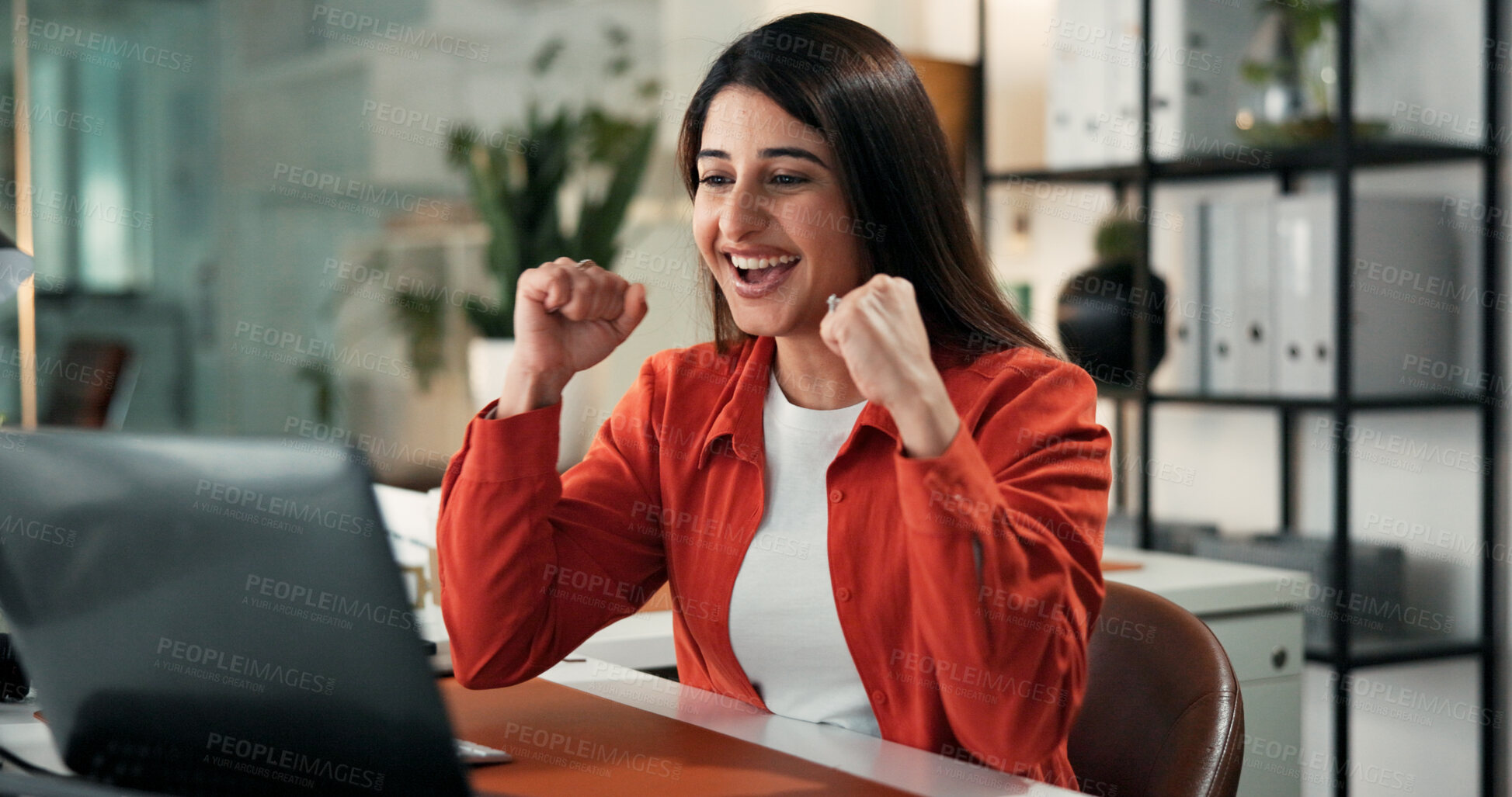 Buy stock photo Woman, celebration and fist pump at startup, laptop and smile with goals, success and deal at office. Person, happy and excited with achievement, bonus or funding with project at creative agency