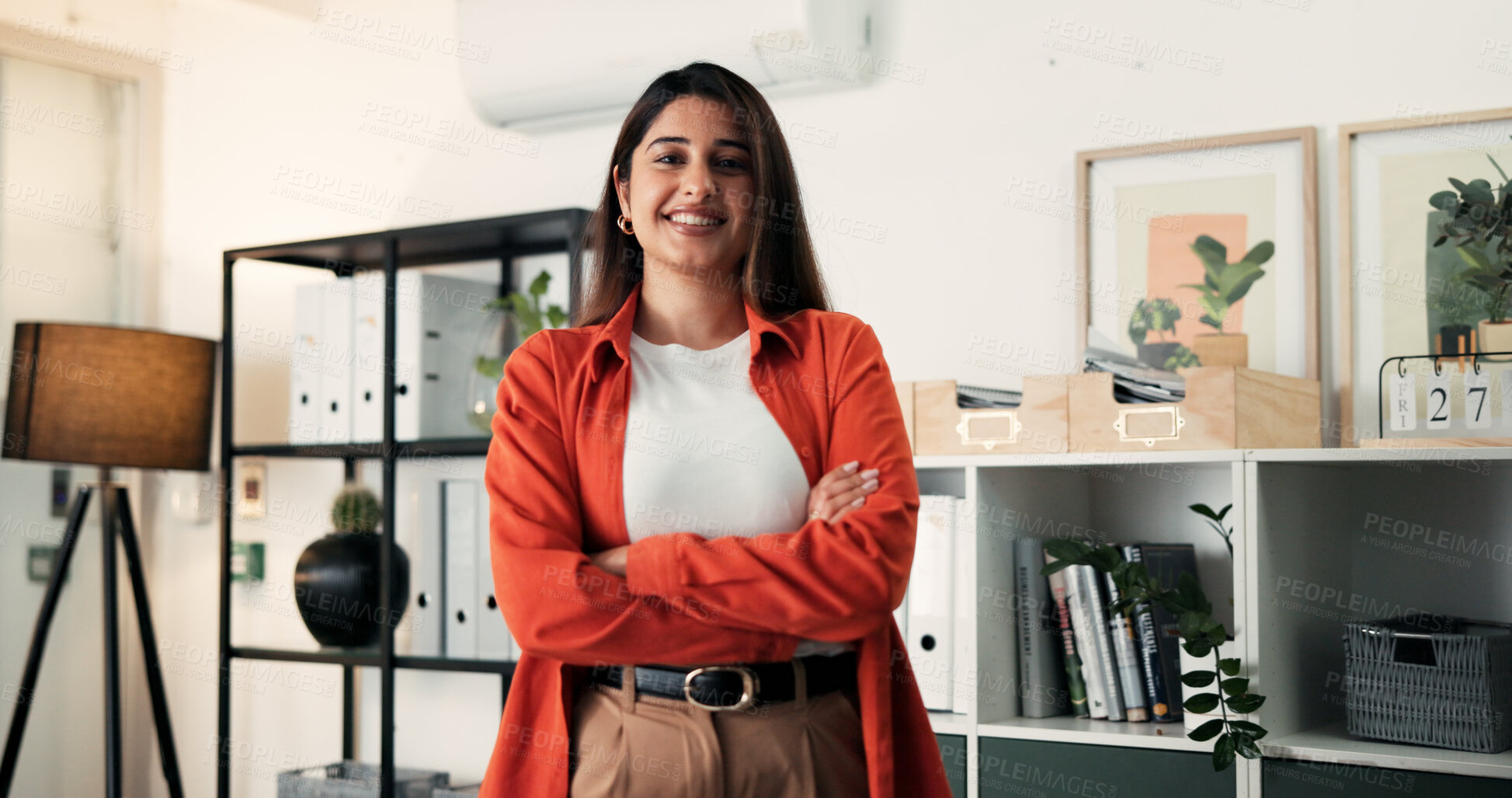 Buy stock photo Marketing, portrait or Indian woman in office with arms crossed, pride or job in creative agency. Happy, profession or director in branding firm with confidence, work or experience as media planner.