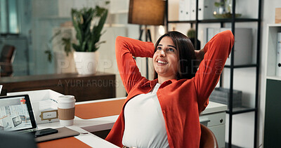 Buy stock photo Woman, relief and complete project at startup, smile and relax with tech, reflection and deadline at office. Person, happy and thinking with task done, target or finished on break at creative agency