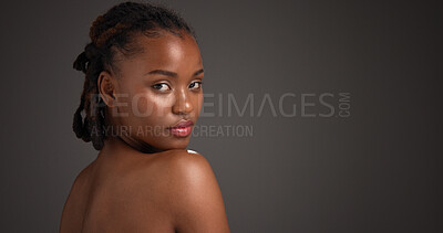 Buy stock photo Space, skincare and portrait of black woman in studio for grooming, self care and dermatology. Mockup, dark background and person with natural beauty, wellness and aesthetic for glow, shine or health
