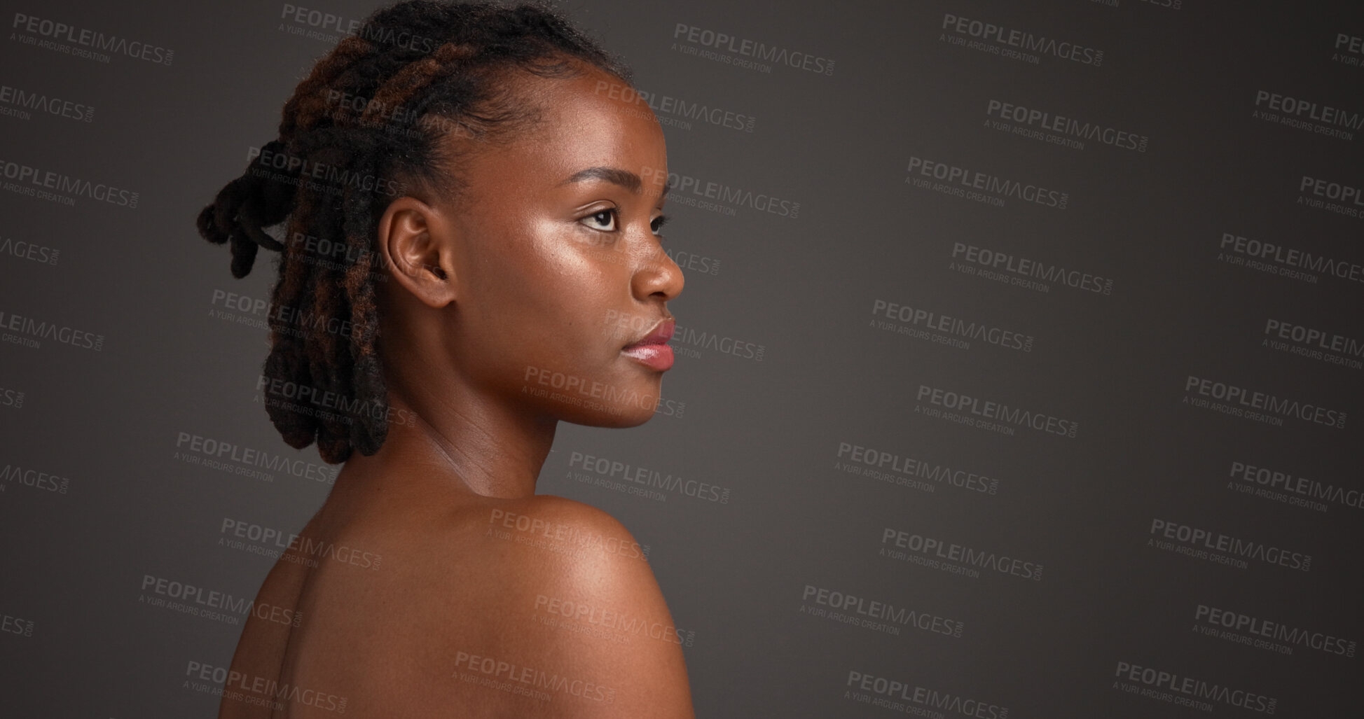 Buy stock photo Skincare, serious and black woman in studio with space for natural, wellness and facial glow. Beauty, thinking and African person with dermatology for health, hydration or cosmetic by gray background