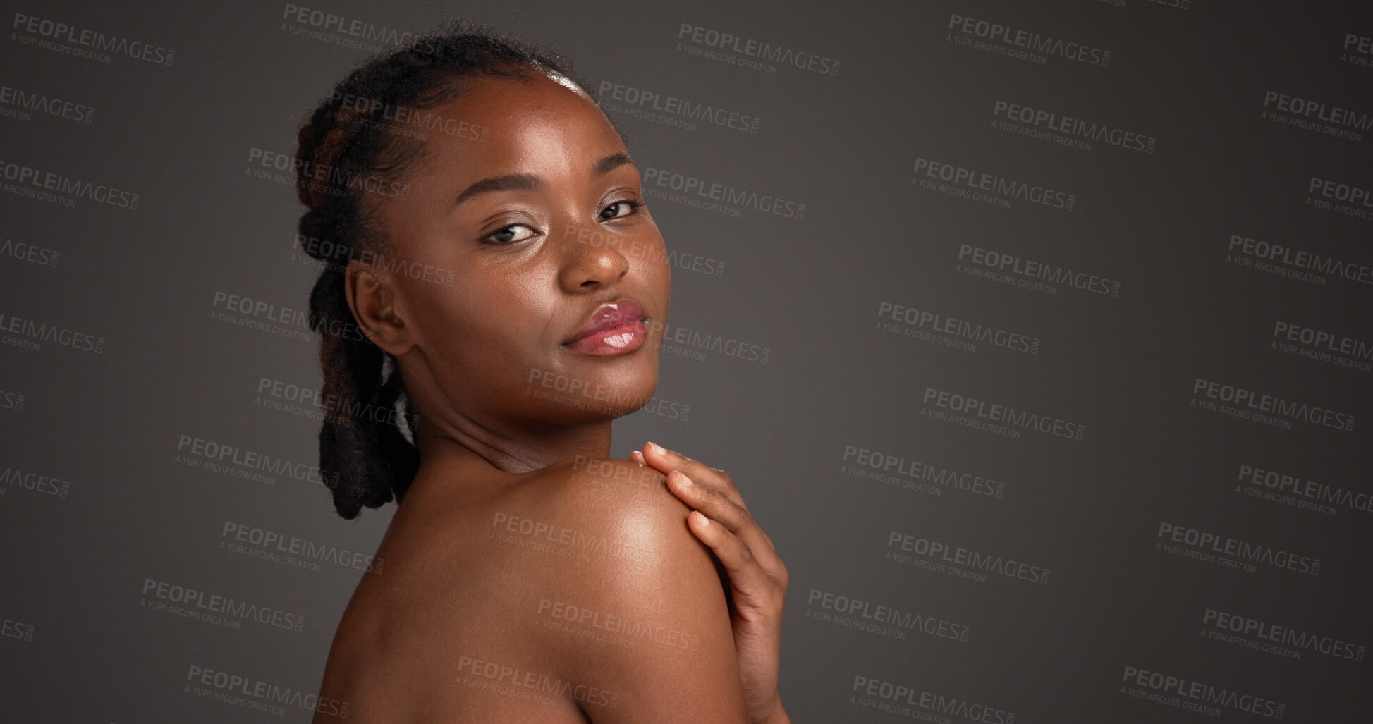 Buy stock photo Shoulder, skincare and portrait of black woman in studio for hydration, self care and dermatology. Mockup space, dark background and person with natural beauty, wellness and aesthetic for skin glow