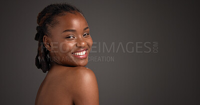 Buy stock photo Skincare, portrait and woman with smile, studio and natural cosmetics for healthy skin or self care. Gray background, black person and shine with dermatology, mockup space and happy in Nigeria