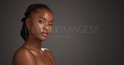 Buy stock photo Space, skincare and portrait of black woman for beauty, self care and dermatology in studio. Confident, dark background and person with cosmetics, wellness and aesthetic for glow, shine and hydration