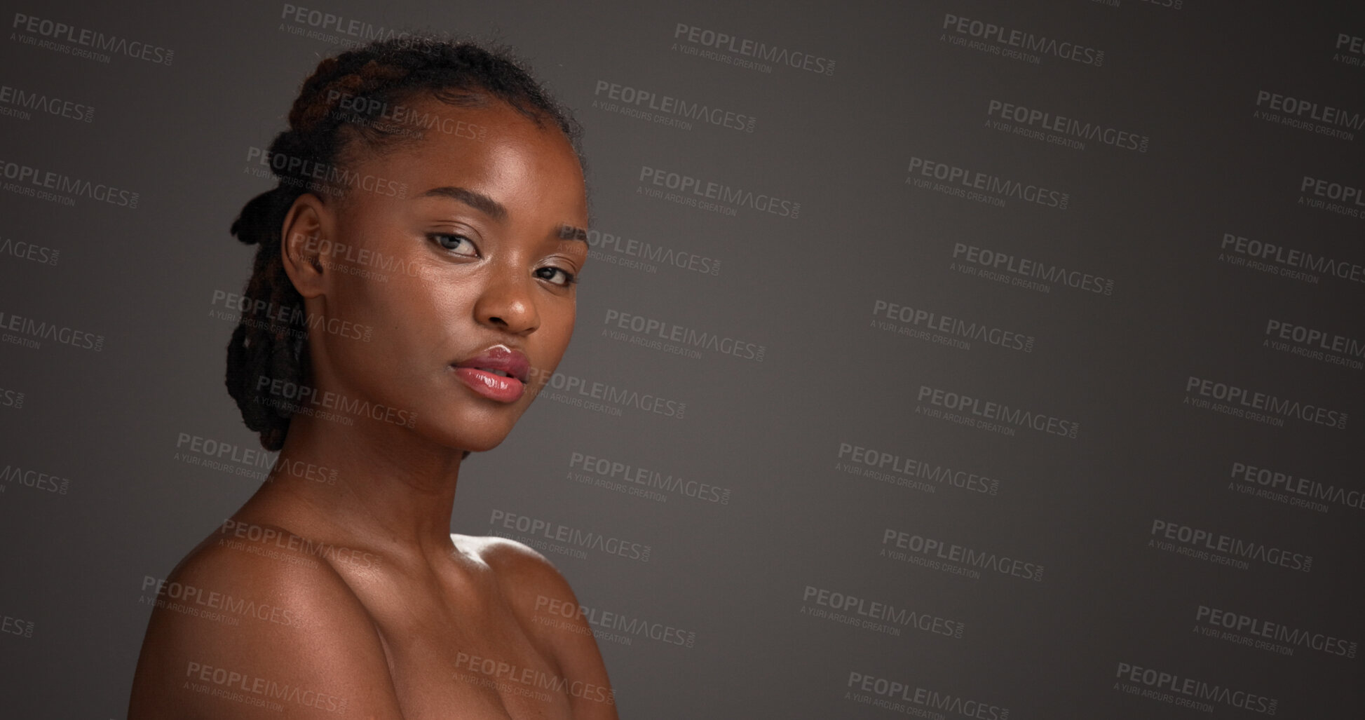 Buy stock photo Space, skincare and portrait of black woman for beauty, self care and dermatology in studio. Confident, dark background and person with cosmetics, wellness and aesthetic for glow, shine and hydration