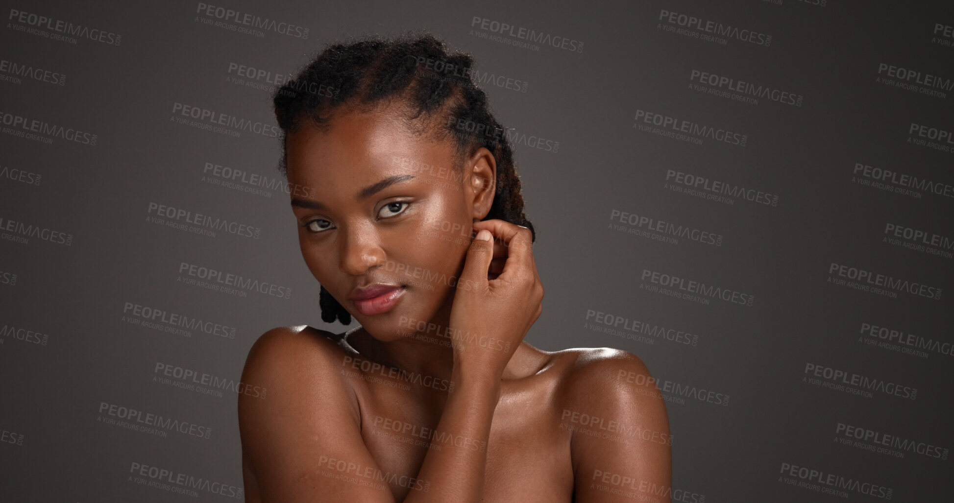 Buy stock photo Skincare, studio and woman with glow, portrait and natural cosmetics for healthy skin and self care. Gray background,  black person and shine with dermatology, confident and wellness in Nigeria