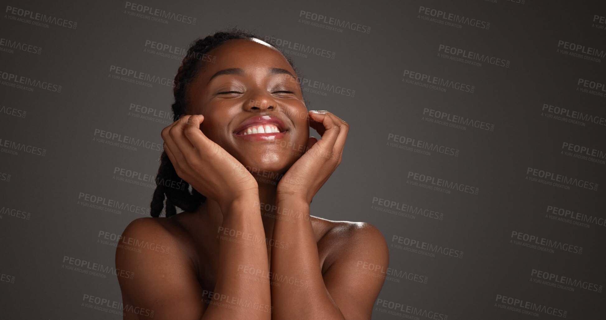 Buy stock photo Black woman, skincare and happy for touch in studio, natural glow or mockup space on dark background. African girl, beauty and smile with thinking, cosmetics or soft texture with dermatology benefits