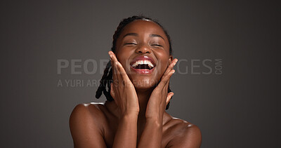 Buy stock photo Beauty, skincare and girl with laughing in studio for natural glow, radiance and healthy skin. Mockup space, black woman and happy on gray background for hydration treatment results and dermatology