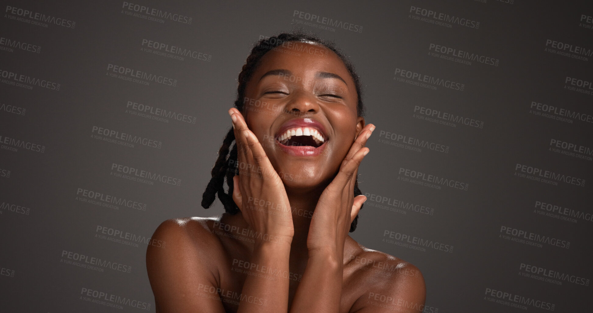 Buy stock photo Beauty, skincare and girl with laughing in studio for natural glow, radiance and healthy skin. Mockup space, black woman and happy on gray background for hydration treatment results and dermatology