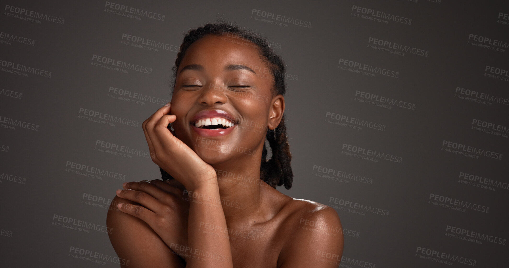 Buy stock photo Beauty, happy and woman with skincare in studio for natural glow, hydration or healthy skin. Mockup space, black girl or smile on gray background for collagen treatment results and self care radiance