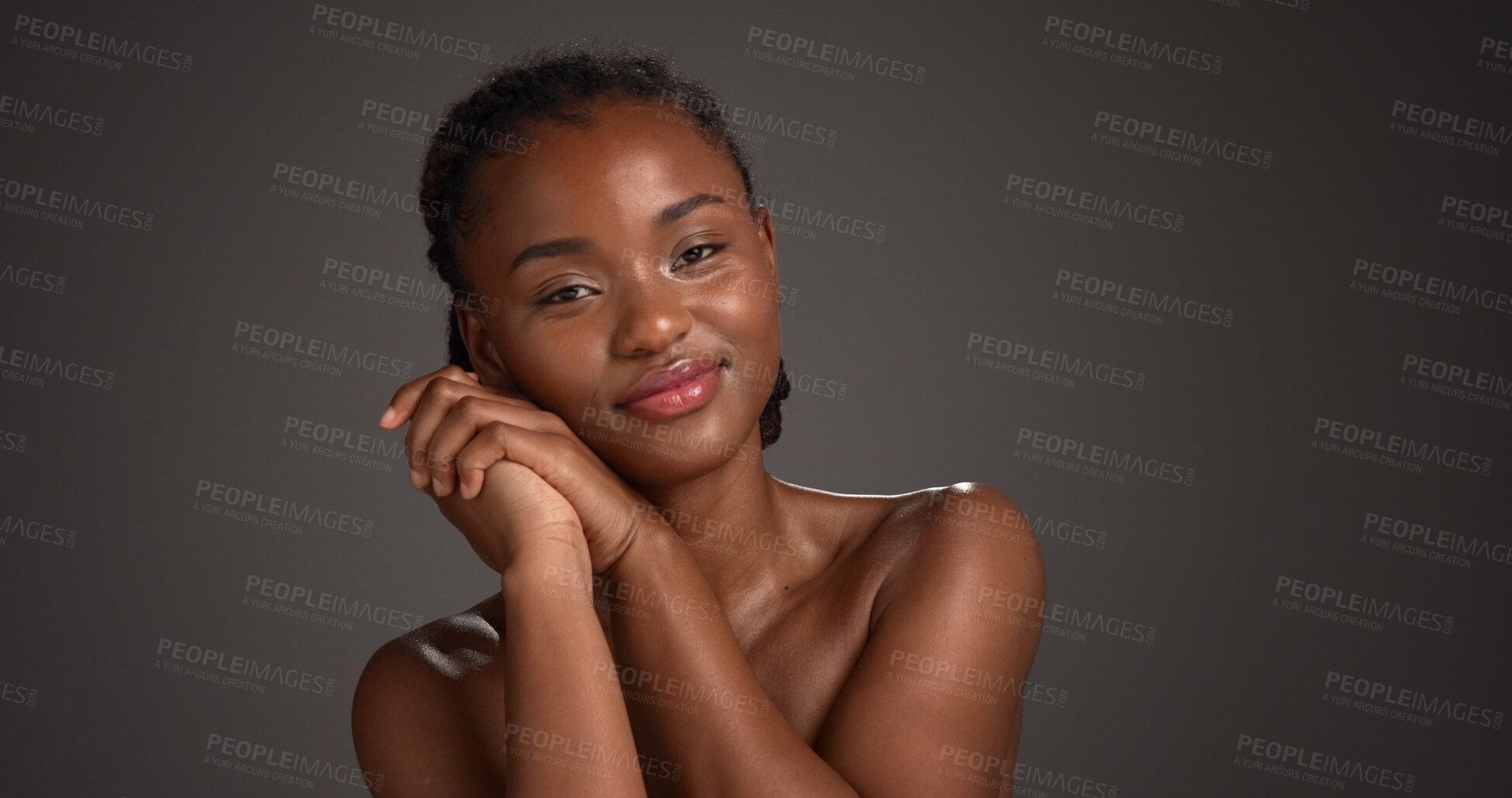 Buy stock photo Skincare, happy and woman with glow, portrait and natural cosmetics for healthy skin or mockup space. Gray background, black person and self care with dermatology, confident and studio in Nigeria