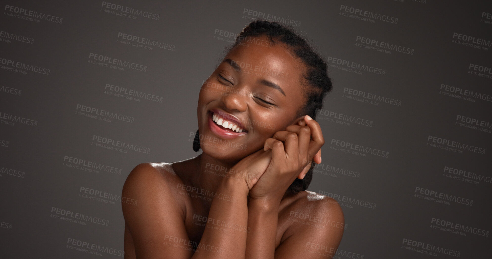 Buy stock photo Happy, woman and skincare for glow, studio and natural cosmetics for healthy skin or gray background. Mockup space, black person and self care with dermatology, smile and confident for hydration