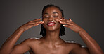 Skincare, smile and black woman in studio with space for natural, wellness and facial glow. Happy, cosmetic and African person with dermatology for health, hydration or collagen by gray background.