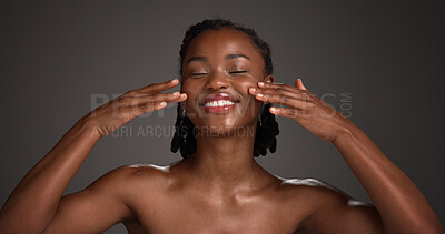 Buy stock photo Skincare, smile and black woman in studio with natural, wellness and facial glow for beauty. Happy, cosmetic and African person with dermatology for health, hydration or collagen by gray background.