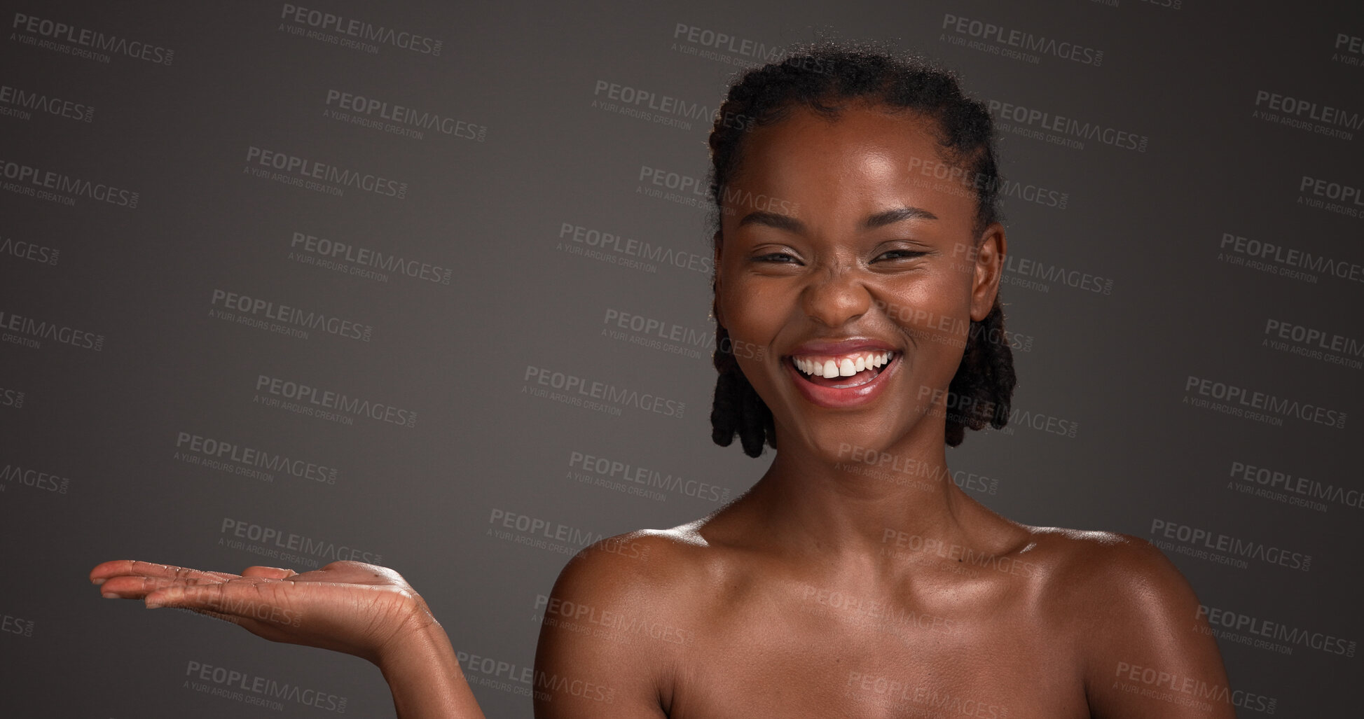 Buy stock photo Mockup space, skincare and portrait of black woman in studio for product placement, beauty or wellness. Advertising, spa and person with hands for dermatology, healthy skin or glow on dark background