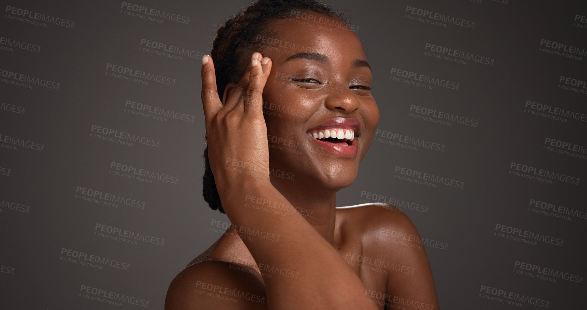 Buy stock photo Portrait, woman and skincare for glow, beauty and natural cosmetics for healthy skin or mockup space. Gray background, black person and self care with dermatology, smile and confident for hydration