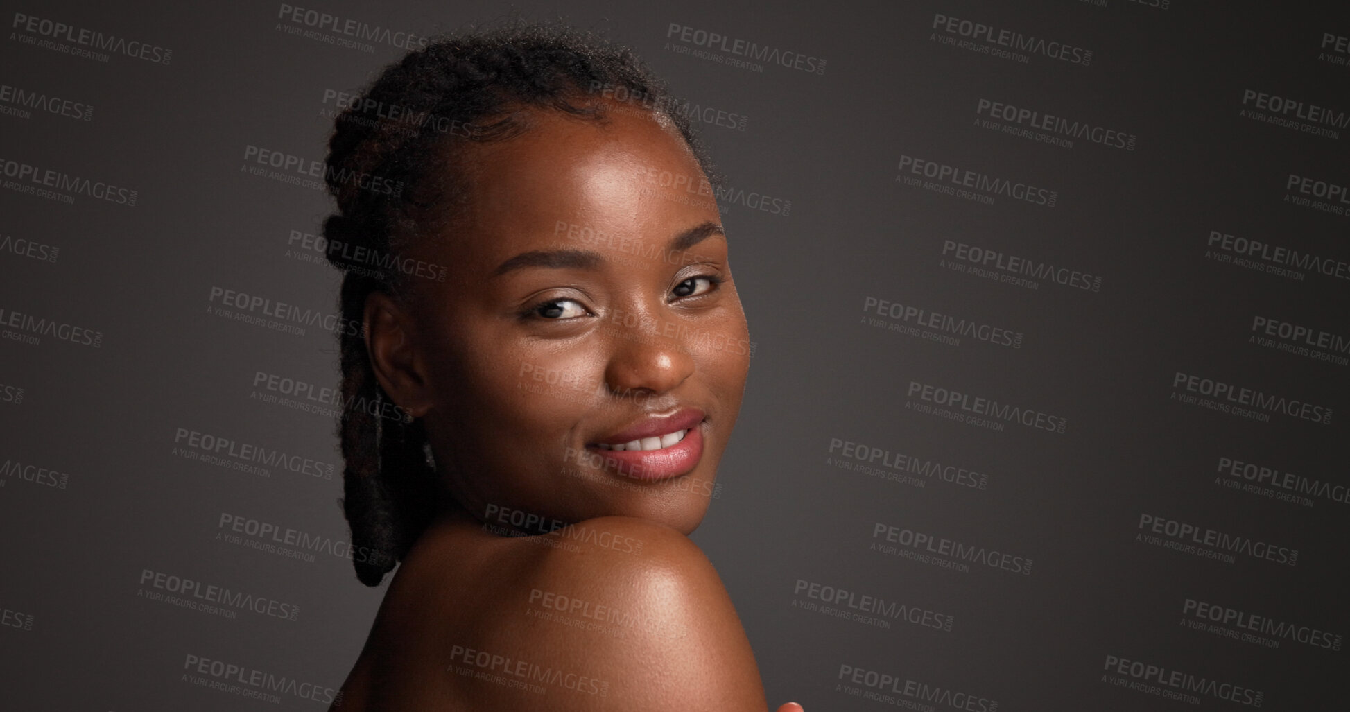 Buy stock photo Portrait, confident and woman with smile, skincare and natural cosmetics for healthy skin and beauty. Gray background, happy black person and shine with dermatology, mockup space or studio in Nigeria