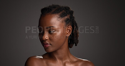 Buy stock photo Beauty, skincare or African woman thinking in studio, wellness shine or healthy glow for facial cosmetic. Self care, mockup space or person with dermatology, ideas or flawless skin on dark background
