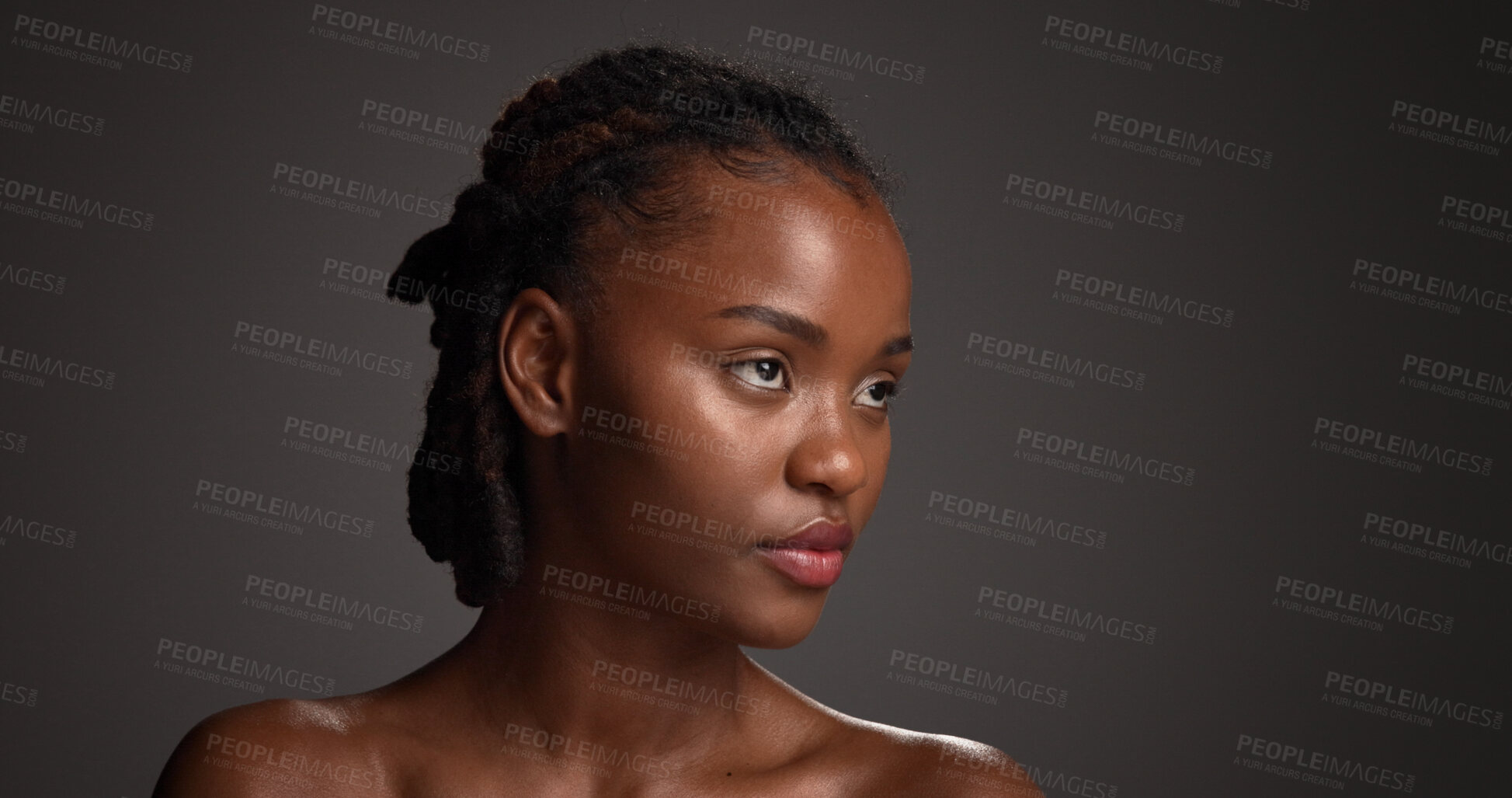 Buy stock photo Black woman, beauty or thinking of skincare in studio, wellness shine or healthy glow for facial cosmetic. Self care, mockup space or person with dermatology, idea or flawless skin on gray background