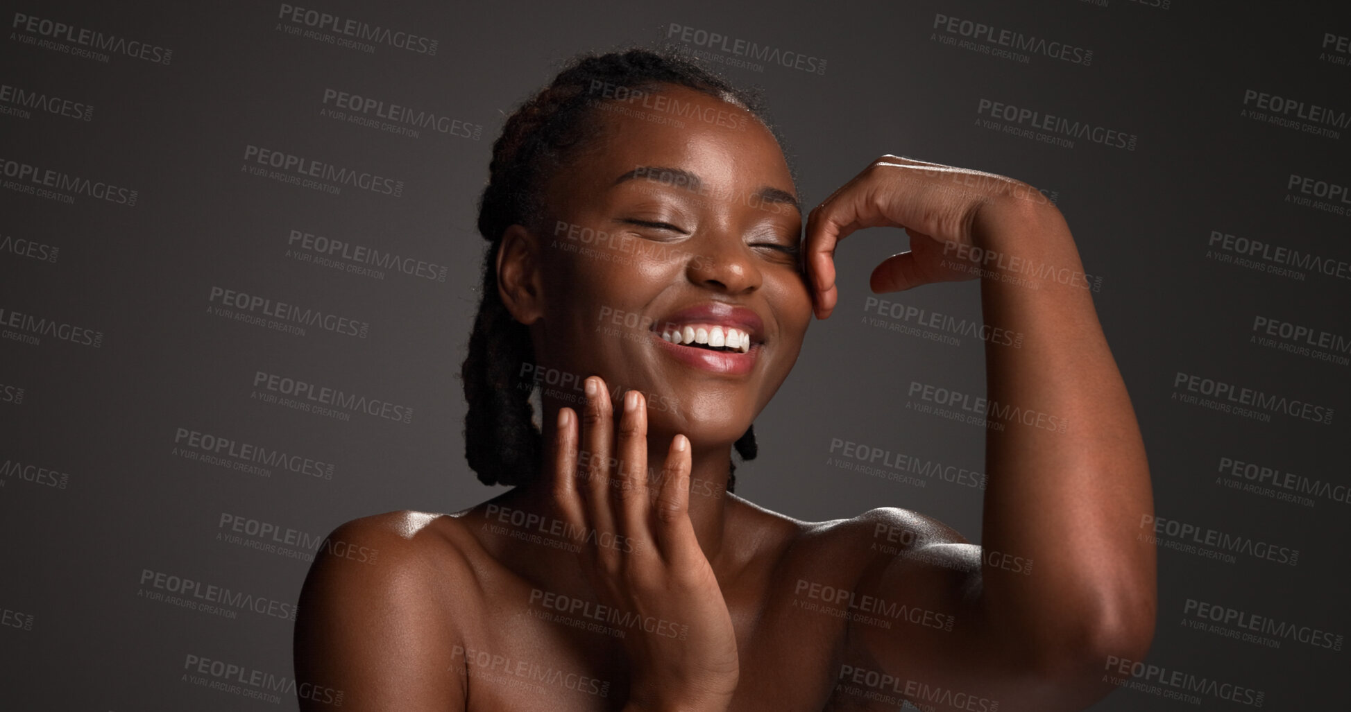Buy stock photo Skincare, happy and black woman in studio for natural beauty, wellness and collagen benefits. Space, dermatology and person with touch, smile and spa aesthetic for healthy skin on dark background