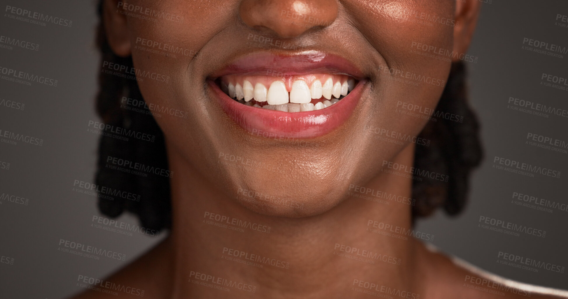 Buy stock photo Dental, closeup or black woman in studio with smile, mouth or tooth wellness in orthodontics. Lips, happiness and female person on gray background with hygiene, whitening or dentistry in oral health